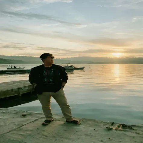 arafed man standing on a pier at sunset with boats in the water, with sunset, during sunset, at the sunset, at a beautiful sunset, in the sunset, with a sunset, during golden hour, at golden hour, in lake, with backdrop of god rays, during a sunset, ramil ...