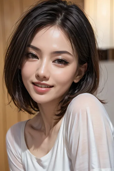 (8k, RAW Photos, highest quality, masterpiece, Realistic, Realistic), (1 female), (The ultimate beautiful Japanese MILF), Highly detailed face, (Perfect Teeth), Beautiful Eyes, double eyelid, eyelash, ((smile)), Lip details, (Neat brunette bob), The light ...