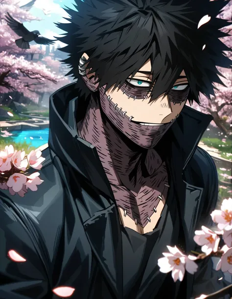 absurdres, highres, ultra detailed, HDR, masterpiece, extremely detailed face and eyes, Dabi, black hair spiked around his head, hair between the eyes, expressive turquoise eyes, boku no hero academia, solo, sexy man, handsome, black coat, black tight shir...