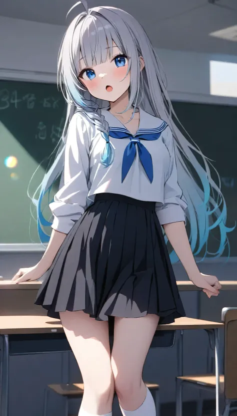 masterpiece, Full HD, 8K, best quality, depth of field, best generating, 1girl, beautiful girl, cute girl, beautiful and pretty girl, slim body, medium breast, grey hair, long hair, ahoge hair, straight bangs and braids hair, gradient hair, grey and blue g...