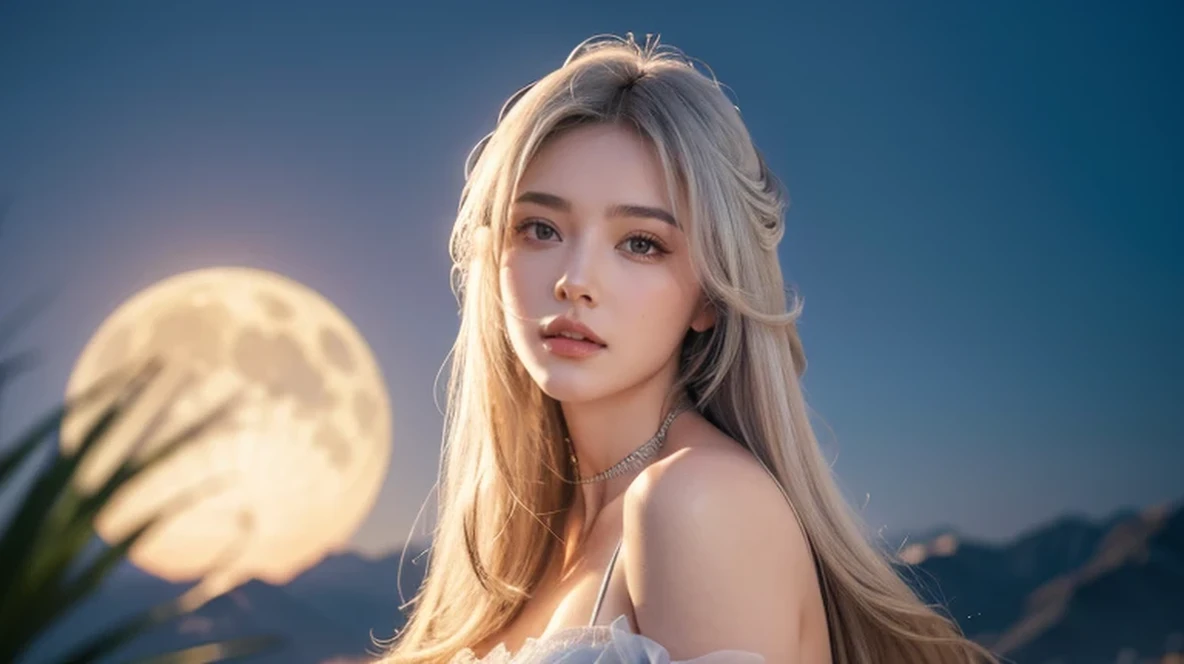 a beautiful young girl, sitting on a crescent moon, delicate face, long flowing hair, serene expression, dreamy atmosphere, (best quality,4k,8k,highres,masterpiece:1.2),ultra-detailed,(realistic,photorealistic,photo-realistic:1.37),1girl,beautiful eyes,bea...