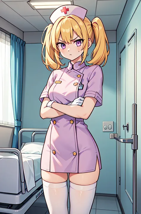 1girl, solo, nurse, nurse cap, white nurse uniform, ((white legwear, zettai ryouiki)), white gloves, twintails, yellow hair, purple eyes, angry, crossed arms, standing, ((hospital room)), sharp outline, short sleeves, best quality, masterpiece