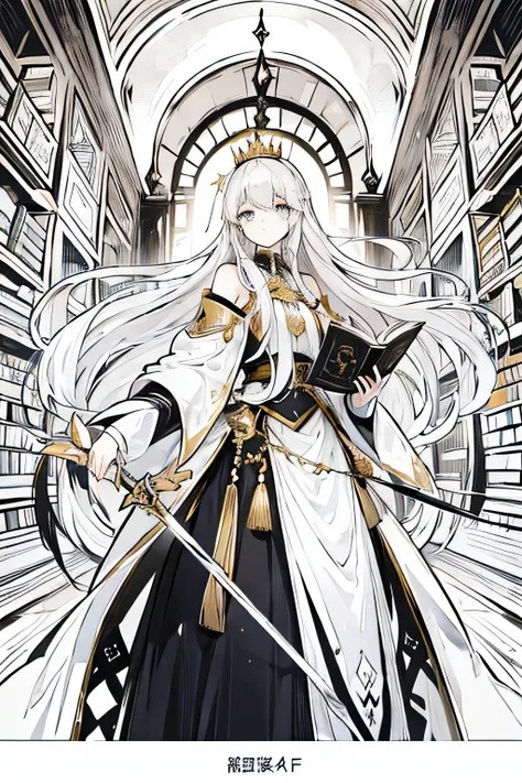 White hair, crown, golden and black robe, a long-haired girl, books, black and white one-handed sword