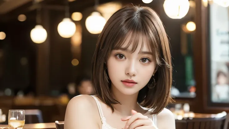 (masterpiece, Very detailed, Very detailed, Exquisite, 16k, Confused), woman, 19 years old, glamorous, (Fresh breeze:1.4), Looking at the audience, short hair, Messy Hair, Diagonal bangs, Brown Hair, Brown eyes, Upper Body, Cinema Lighting, Blurry backgrou...
