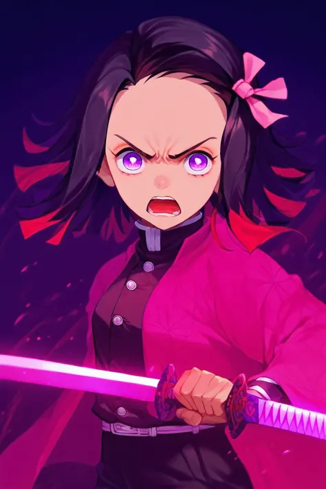 score_9, score_8_up, score_7_up, score_6_up, score_5_up, score_4_up, source_anime,  nezukorps, 1girl, solo,close up,slashing,fighting stance,black hair, medium hair,purple eyes,white pupils,small breasts,(pink haori),pink coat, demon slayer uniform, black ...