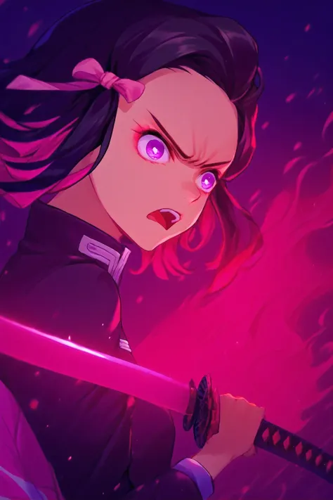 score_9, score_8_up, score_7_up, score_6_up, score_5_up, score_4_up, source_anime,  nezukorps, 1girl, solo,close up,slashing,fighting stance,black hair, medium hair,purple eyes,white pupils,small breasts,(pink haori),pink coat, demon slayer uniform, black ...