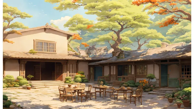 Draw a courtyard with a table, Chair, and a tree, Chinese courtyard, english house structure, Warm late autumn colors, Table and Chair in the yard, Fruit plate on the table, flowers and plants around, Beautiful art illustration, Landscape Artwork, Autumnal...