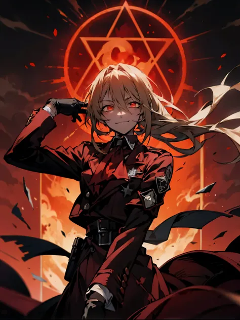 AlucardAlucard, Hellsing, engraved guns, gloves with pentagrams, red clothing, wind, gloomy setting, crimson eyes, cynical smile, aura of terror.