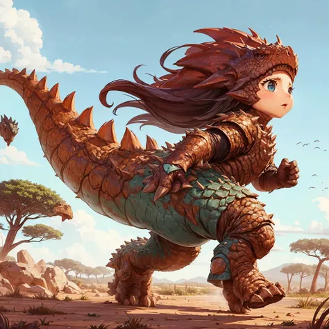 dinosaur girl. ankylosaurus element. knight-like style. scale armor. tail. active. dry soil underfoot. dust cloud.