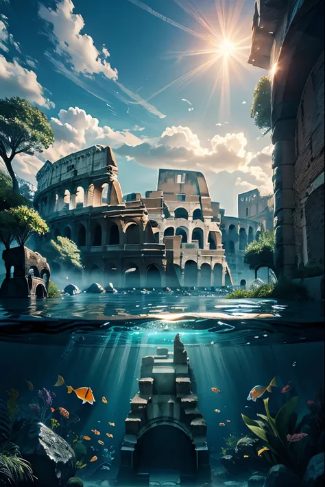 Atlantis, (Colosseum:1.3), day, sky, cloud, fish, mountain,blue sky, sunlight,partially underwater shot,
