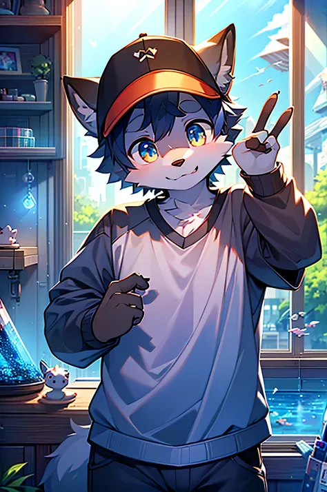 masterpiece, highest quality, Bright Eyes, fine grain, Furry, Wolf, male, Loose-fitting clothing, Baseball cap, V sign, (Tilt your head:1.3), High chroma, colorful, Detailed Background, Perfect lighting, Shadow, Aquarium, window, Deep Blue theme, bubble，