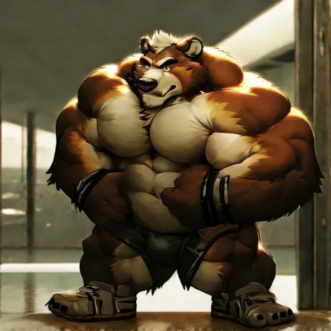 A solo kemono shirtless muscular furry Saint Bernard dog male with huge buff muscles wearing black gym shorts, black wristbands and black gym shoes, doing 300lbs of biceps curls barbells at the gym intensely, working out, lifting weights, weight plates, re...