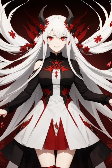 playful anime girl with white hair and dark grey and red strands in her hair striking a playful pose with an evil grin on her face, blood blossoms as accessories in her hair, evil grin on her face, shiny dark red eyes, dark grey tendrils with bloodred blos...