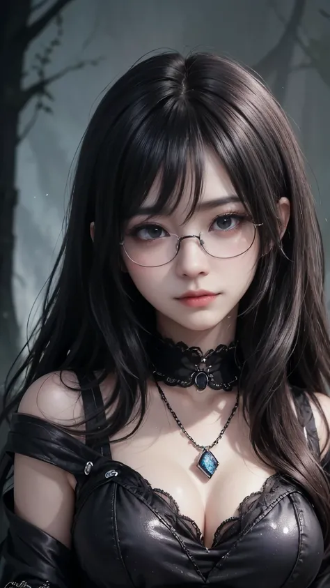 (highest quality,4K,8k,High resolution,masterpiece:1.2),Very detailed,(Realistic,photoRealistic,photo-Realistic:1.37), Close-up of a woman with dark hair and wearing a black dress, Dark Eyes,an  ominous笑顔,((((Glasses))))、((((big sapphire necklace))))、Evil ...