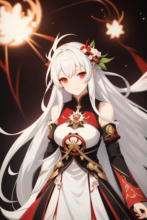 Anime girl with long white hair with dark grey and blood red streaks, She wears a red-black flower in her hair as a decoration, she wore a white and red dress decorated with red blood flowers, dunkelgraue Augen mit funkelnden blutroten Pupillen, Ayaka Gens...