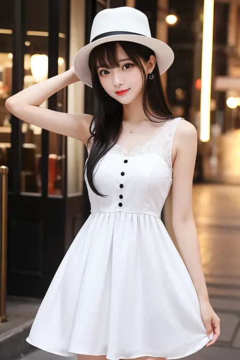 Black Hair、Height: 170 cm、Bust 86D cup、Waist: 60cm、Hip 88 cm、White dress、Brown hat、Background Night、