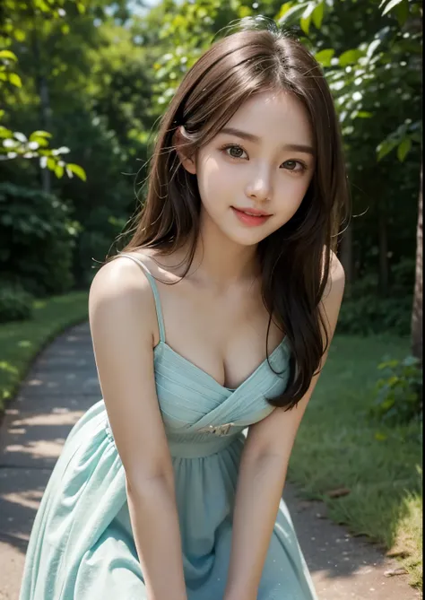 A beautiful young Korean girl, 16 years old, standing beside a highway road in a park, wearing an above-knee length elegant seafoam dress, cute and sweet, photorealistic, 8k, ultra-detailed, masterpiece, gorgeous colors, natural lighting, serene landscape,...