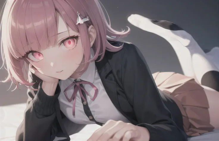 ((On the stomach)), ((lick)), One girl, alone,chiaki nanami, Blunt bangs, Pink Hair, hair ornaments, Hair Clip, (Glowing Eyes:1.5), black shirt, black Jacket, Jacket, Long sleeve, neck ribbon, Open clothes, open Jacket, Overknee socks, pink ribbon, pleated...