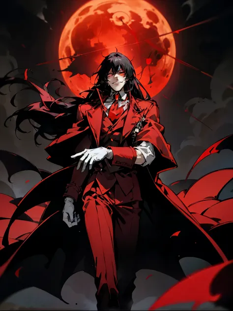 alucard, protagonist of "hellsing", standing in a gloomy setting.  he wears his iconic red outfit, with a long crimson coat flut...