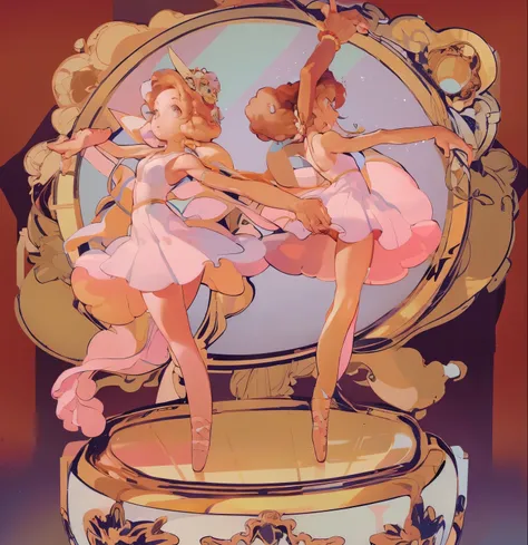 Two ballerinas dancing on a music box, pink tutus, tan skin, orange and brown hair, 2girls, ballet, grand, masterpiece, warm lighting, tan skin, 1girl orange hair, 1girl brown hair,