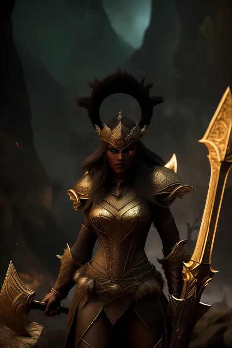 A hyper-realistic, high-resolution image of a formidable female warrior, clad in gleaming golden armor, boldly wielding a menacing battle axe. The warrior stands poised and alert, her eyes filled with steely resolve, focused intently on the horizon. In the...