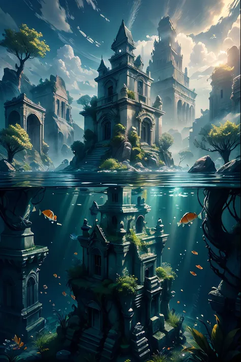 atlantis,(castle,fish,stone_giant,tree,ruins,partially underwater shot):1.5,no_humans,two tone lighting,sunshine, masterpiece,best quality,unreal engine 5 rendering,movie light,movie lens,movie special effects,detailed details,HDR,UHD,8K,CG wallpaper,