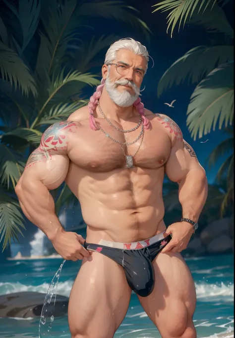 (masterpiece, best quality, detailed:1.2) old muscleman, daddy, dark mustache, white beard, smiling , happy face, smirk, wearing a spandex speedo(pink) thong, very muscular body, chest hair , nicebulge, seascape, fluffy clouds, mustache, realistic, full bo...