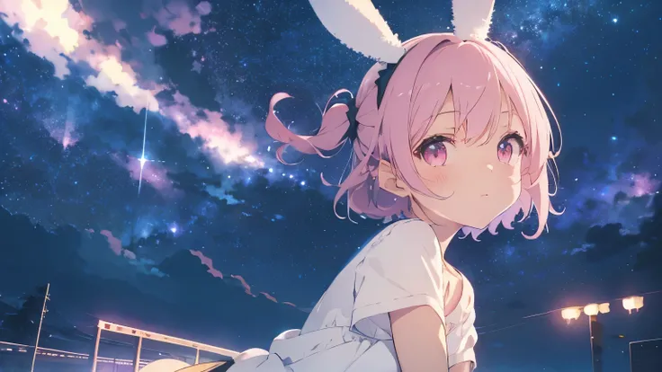 night,Starry sky,highest quality, pretty girl, pastel colour, Fluffy bunny ears, Pink short bob,Pale pink eyes,Stretch your arms out to the sky