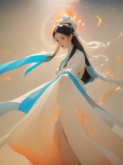 (1 Girl:1.4),Solitary, Gorgeous， Extremely detailed,(Joshua Middleton Comic Cover Art:1.1), (Action painting:1.2),(Concretism:1.2),(Hyperpolarization:1.5),rich and colorful,The most detailed,white gray background, White Hanfu, Pastel colors， (masterpiece, ...