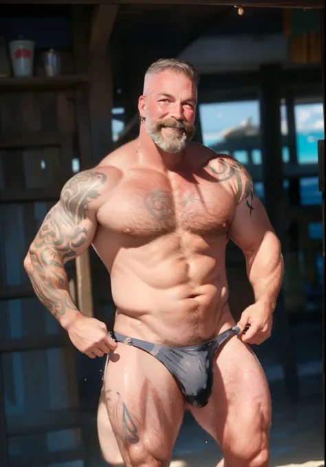 (masterpiece, best quality, detailed:1.2) old muscleman, daddy, dark mustache, white beard, smiling , happy face, smirk, wearing a spandex speedo(pink) thong, very muscular body, chest hair , nicebulge, seascape, fluffy clouds, mustache, realistic, full bo...