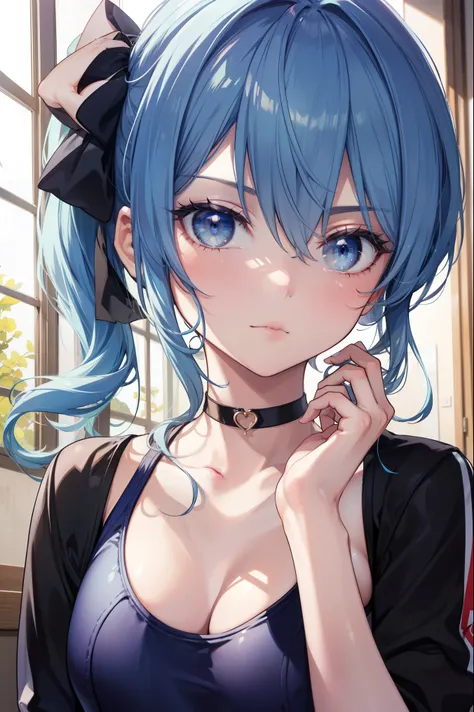 Hoshimachi Suisei,blue eyes,blue hair,choker,hair between eyes,medium hair,side ponytail,Star choker,(small breasts:1.2), 
BREAK (cleavage, school swimsuit:1.2),
BREAK ((hands behind back:0.7)), beautiful lighting, defined subject, (18 years old), ((cool l...