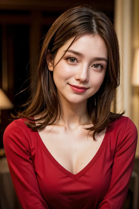 highest quality. Tabletop, 8k, Best image quality, One Woman, Perfect V-neck long knit red sweater, Waist to upper body shot, (look forward to), Red eyeshadow, Perfect Makeup, Long eyelashes, Ultra HD Shining Eyes, Ultra HD Hair, Ultra High Resolution Glos...