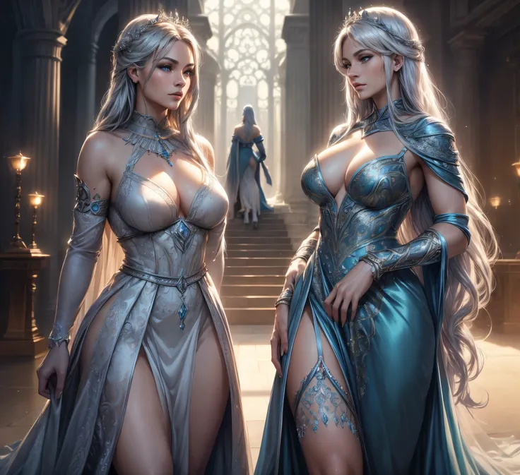 A beautiful, crystalline blue-eyed woman with silver hair wearing a long, regal dress, standing in an elegant pose and looking at the viewer, (2 fair-skinned Amazons in a long, royal dress), (detailed eyes, detailed lips, extremely detailed face and eyes, ...