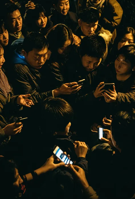 crowded people close to each other, playing with their phones in the night.