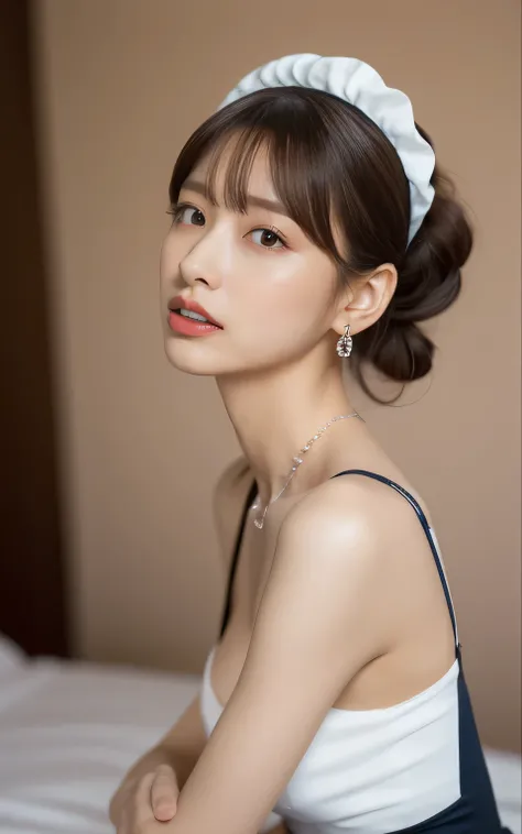 ((Snapshots of everyday life, Clear photos:1.4)),
(Wearing the uniform of a maid café:1.8),
(No bra, The shape of the nipples is visible,Rich breast cleavage,Beautiful thighs,Ultra-detailed skin,Tiny pores in the skin:1.4),
((Sit deep in bed and lean f...
