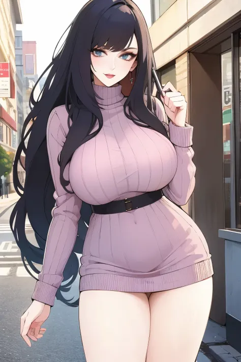 (masterpiece, best quality:1.2), 1girl, solo,mature_lady,black long hair, sweater,in street