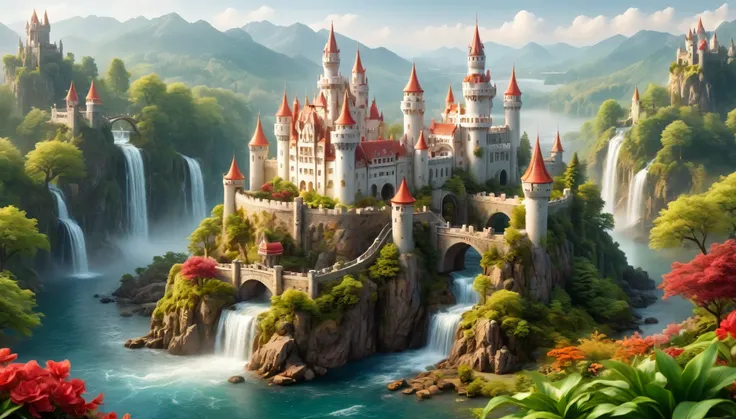 This is a miniature scene..,Create a spectacular and mysterious realm image. In the center, There is an intricate castle, Its buildings are beautifully decorated in white tones., off white, and Maroon. The castle is situated on a piece of land surrounded b...