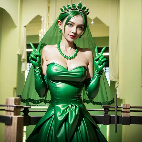 Emerald tiara, Green Pearl Necklace, Boyish very short green hair, lipstick, Smiling Japanese woman, Very short hair, Big and beautiful, Green Eyes, Long green satin gloves, Green Eyes, V sign, Emerald Earrings, Green veil, peace sign, 30-year-old woman, B...