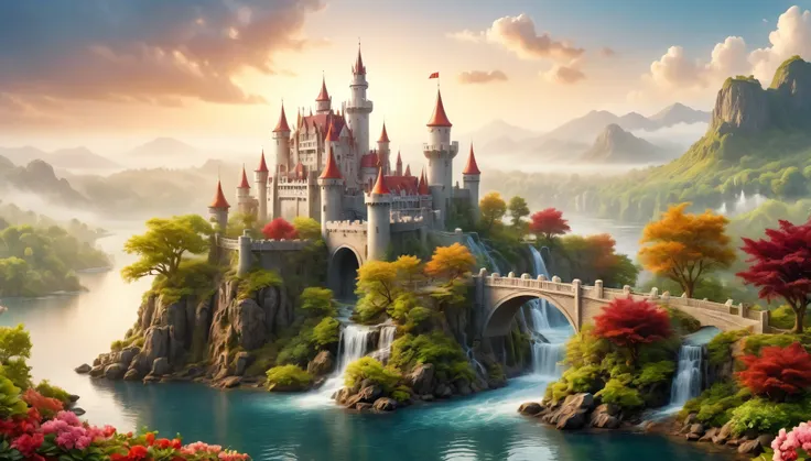 This is a miniature scene..,Create a spectacular and mysterious realm image. In the center, There is an intricate castle, Its buildings are beautifully decorated in white tones., off white, and Maroon. The castle is situated on a piece of land surrounded b...