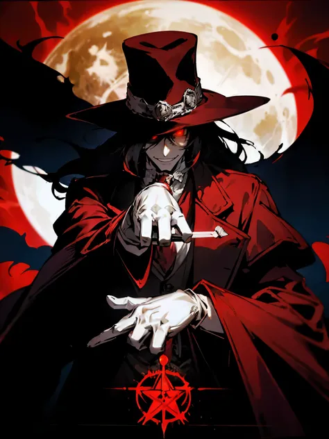 Alucard from "Hellsing" in close-up, in high quality. Fisheye effect, focusing the image on the barrels of their distinctive engraved pistols, the Jackal and the Casull, pointing directly at the viewer. The image shows his iconic red outfit in great deta...