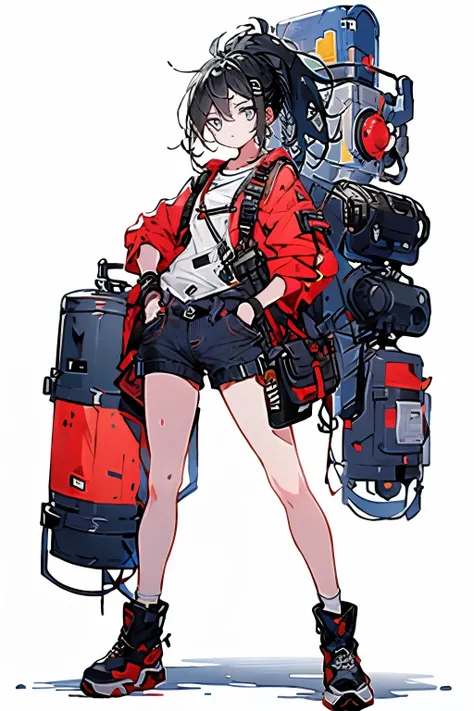 ((Full body shot)), ((No background)), ((White background)), line art, illustration, masterpiece, ultra detailed, high resolution, high quality, industrial, engineer,1girl, solo, blue eyes, facing viewer, closed mouth, black hair in a ponytail, wearing a r...