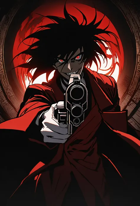 alucard from "hellsing" in close-up, in high quality.  fisheye effect, focusing the image on the barrels of their distinctive en...