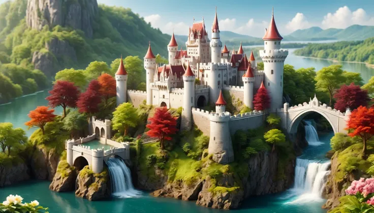 This is a miniature scene..,Create a spectacular and mysterious realm image. In the center, There is an intricate castle, Its buildings are beautifully decorated in white tones., off white, and Maroon. The castle is situated on a piece of land surrounded b...