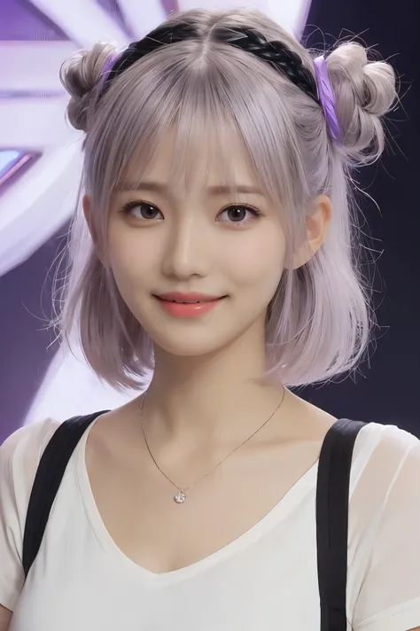 Masterpiece,1girl,solo, light smile, metal necklace, white shirt, modern , accessories, two-tone hair color in purple and black, unique hairstyle, stylish, black background