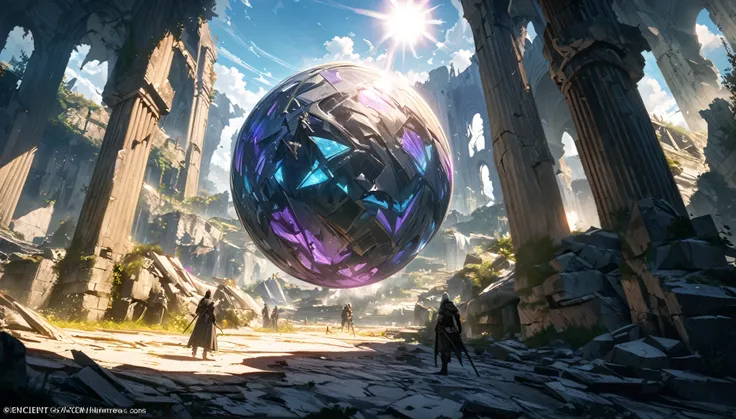 anime aestetics, encient ruins, ancietnt ritual, violet magic, crystalic magic, huge magic sphere, white stone, bright sun, brok...