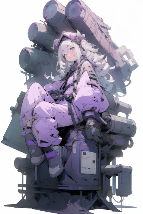 masterpiece, Best Quality, 4K, high resolution, ultra-detailed, High resolution, Ultra HD, sophisticated details, line art, thick lines, Backlight, ((Full body shot)), ((No background)), ((White background)), girl with long purple curly hair, white silver ...