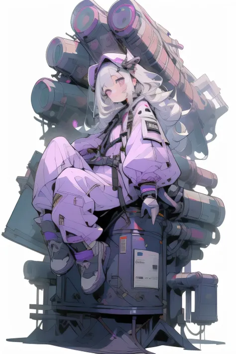 masterpiece, Best Quality, 4K, high resolution, ultra-detailed, High resolution, Ultra HD, sophisticated details, line art, thick lines, Backlight, ((Full body shot)), ((No background)), ((White background)), girl with long purple curly hair, white silver ...