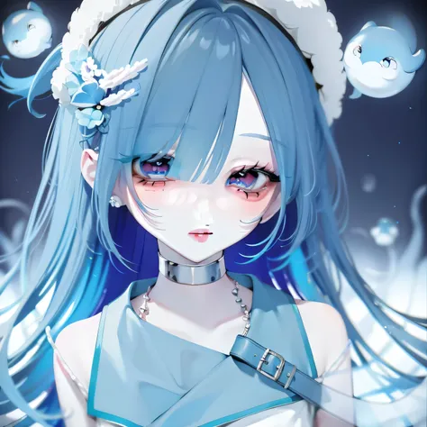 blue hairs,Half-length statue of a girl,k hd,4K,face expressionless,style of anime,sideface,white backgrounid,