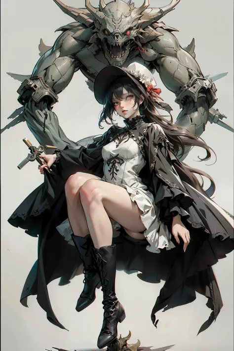 ((best quality)), ((masterpiece)), (detailed), blank white background, plain background, white background, red and white clothing, Bloodborne inspired,  occult aesthetic, occult, detailed and intricate steampunk and detailed gothic, NSFW, Very dramatic and...