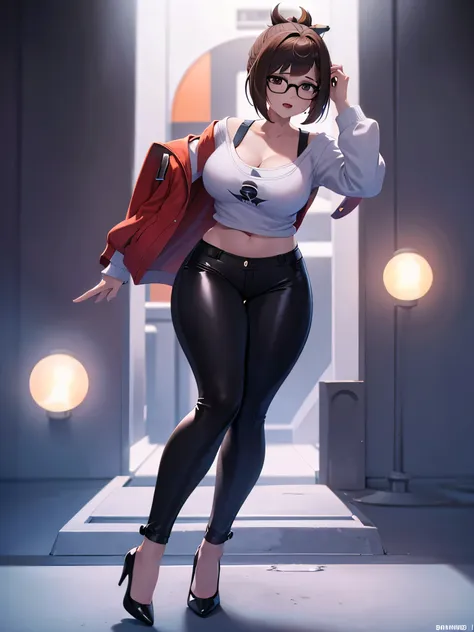 mei, thighs, full body, high heels, nude tits, black leather pants